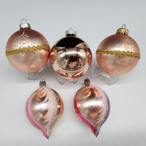 Vintage Rose Gold Glass Christmas Ornaments Set Of 5 With Floral & Dove Design - Picture 6 of 7
